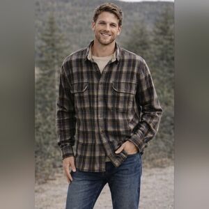 Woolrich Deep Brown Navy Ombre Plaid Wool Blend Button Down Flannel Shirt